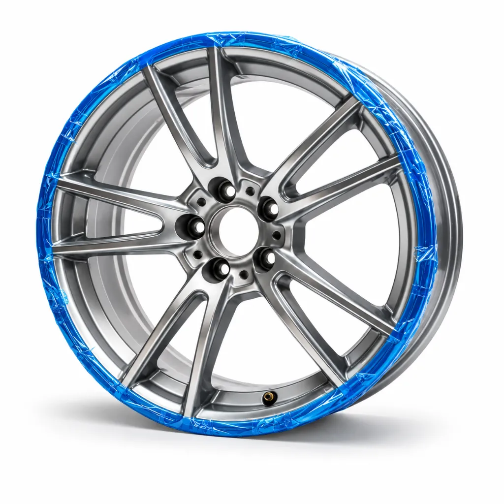 Silver Alloy Wheel with Blue Protective Wrap.webp